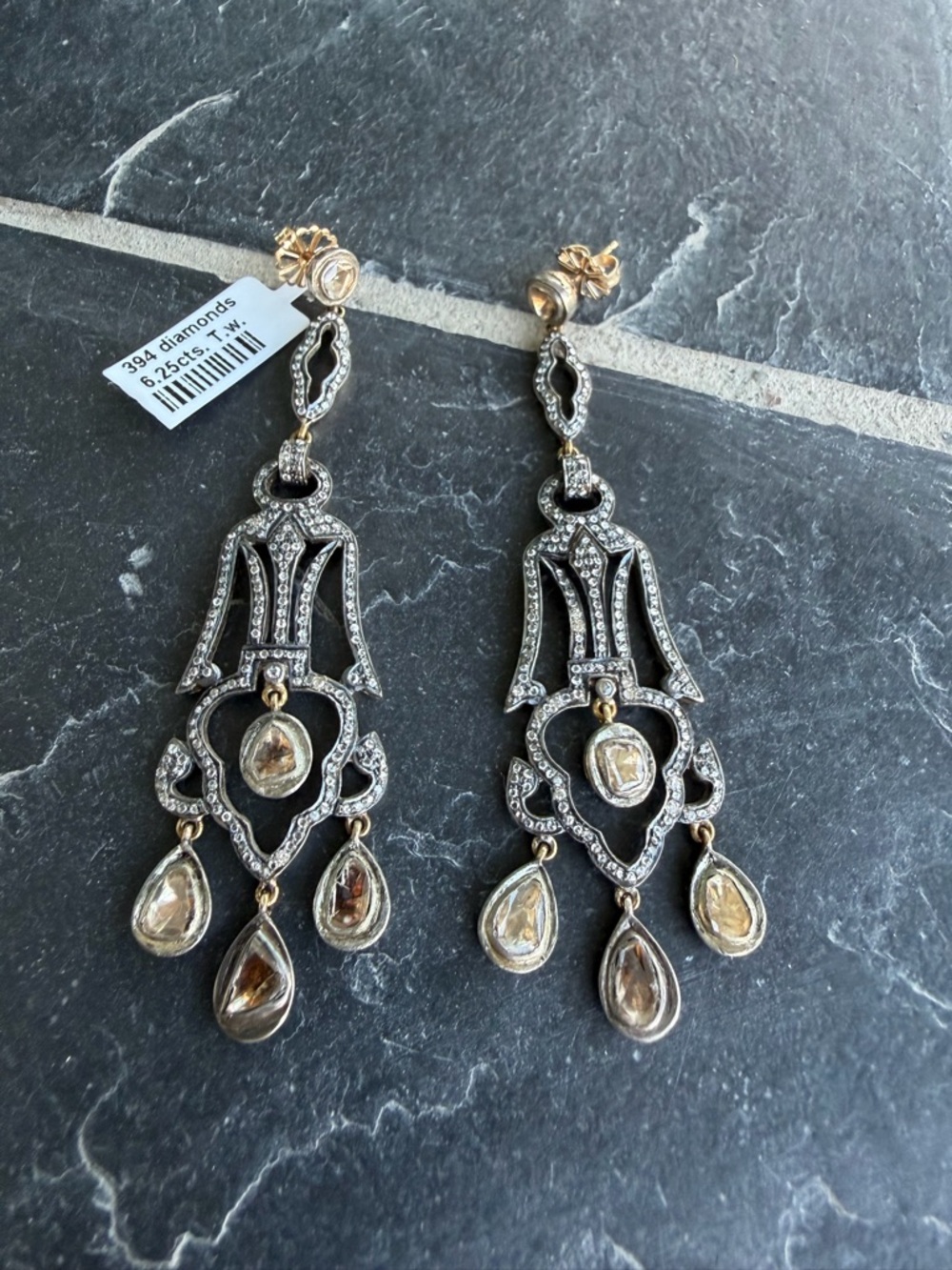 Vintage-Inspired 14kt. Yellow Gold and Sterling Silver Diamond Drop Earrings